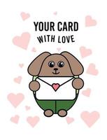 illustratie met een pup. beeld met een hond. groet kaart met een hondje. groet kaart met een hond. een hond in kleren houdt een brief. een puppy in een pak houdt een envelop. uw kaart met liefde vector