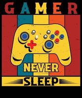 gamer nooit slaap wijnoogst t-shirt ontwerp. vector