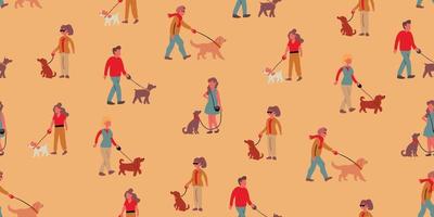 vector naadloos patroon met hond wandelaars wandelen de honden Aan beige achtergrond. graven eigenaren en honden Aan de wandelen. hond patroon. vector illustratie