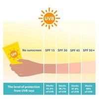 de verschillend niveaus van spf zonnescherm beschermen uvb stralen vector Aan wit achtergrond. vergelijking van arm huid toon met de niveau van zon bescherming factor zonnescherm. huid zorg en schoonheid concept.