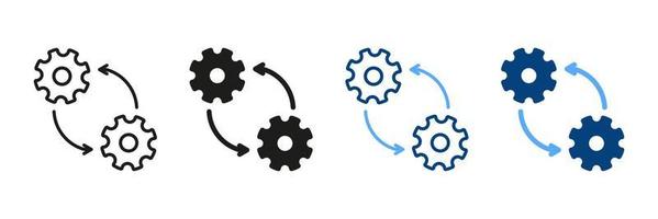 vooruitgang en workflow symbool verzameling. tand wiel in werkwijze lijn en silhouet icoon set. circulaire pijl, tandrad, operatie uitrusting pictogram. geïsoleerd vector illustratie.