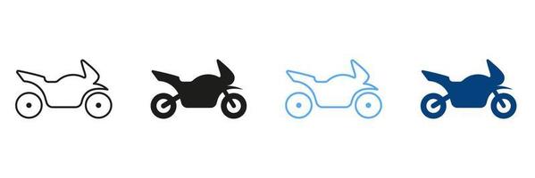 motorfiets, scooter en motorfiets lijn en silhouet tekens. reeks van kleur pictogrammen van motorfiets, sport fiets. verzameling van motorfiets vervoer symbolen. geïsoleerd vector illustratie.