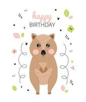 illustratie groet kaart met een quokka dier, vlinders, bladeren, harten, gelukkig verjaardag belettering. groet kaart gelukkig verjaardag vector