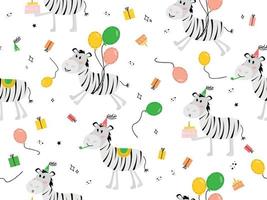 naadloos patroon met dier zebra. vector illustratie met een zebra in een feestelijk pet, ballonnen, taart, geschenk