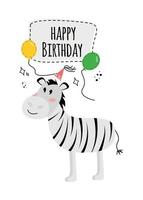 illustratie met een zebra en de opschrift gelukkig verjaardag. gelukkig verjaardag groet kaart met zebra en ballonnen. vector