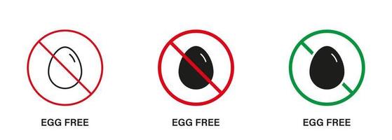 ei vrij silhouet en lijn icoon set. kip en eieren voeding hou op teken. ei allergisch Product verboden symbool. gegarandeerd veilig dieet veganistisch voedsel logo. Nee eieren. geïsoleerd vector illustratie.