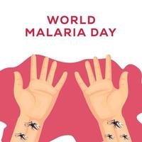 wereld malaria dag illustratie met muggen zuigen bloed Aan hand- huid vector