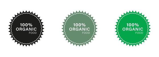 100 procent biologisch voedsel groen en zwart icoon set. biologisch voedsel label. bio gezond eco voedsel silhouet teken. natuurlijk en ecologie Product veganistisch Product solide sticker. geïsoleerd vector illustratie.