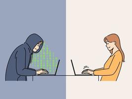 vrouw chatten online Aan computer met mannetje hacker. Mens oplichter communiceren Aan internet met meisje. nep vriendje en web scam. vector illustratie.