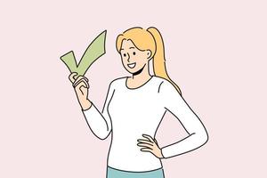 glimlachen vrouw houden controleren teken in handen. gelukkig meisje met gedaan symbool. prestatie en succes. vector illustratie.