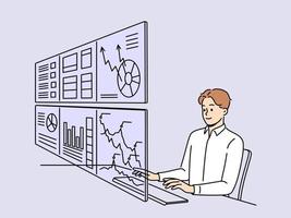 Mens werken Aan talrijk computer monitoren met financieel grafieken en diagrammen. mannetje werknemer bezig met grafieken in kantoor. beheer en technologie. vector illustratie.