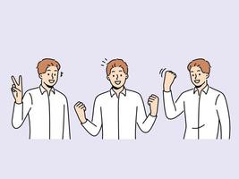 glimlachen Mens maken hand- gebaren vieren succes of zege. gelukkig Lucky vent gebruik lichaam taal naar tonen emoties en gevoelens. winnaar en beloning. vector illustratie.