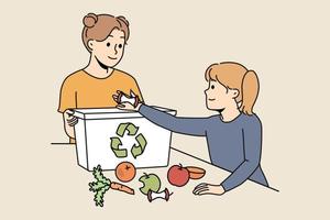 gelukkig meisjes kinderen Gooi voedsel verspilling in biologisch afbreekbaar container. glimlachen kinderen zetten fruit stoffelijk overschot in eco bak Bij huis. milieu bescherming. vector illustratie.