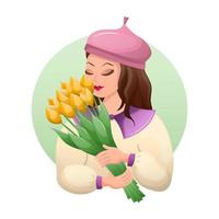 mooi meisje is Holding boeket van tulpen. delicaat voorjaar boeket in de handen van jong dame. vlak vector illustratie.