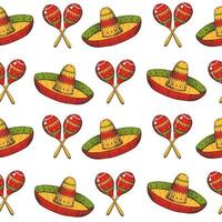 cinco de mayo naadloze patroon met gekleurde hand getrokken Mexicaanse symbolen-maracas en sombrero op wit. schetsen. voor behang, webpagina-achtergrond vector