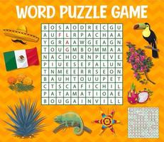 Mexicaans voedsel, dieren, symbolen, woord zoeken puzzel vector