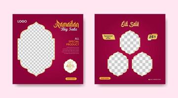 eid mode uitverkoop banier en sociaal media post sjabloon, Ramadan kareem thema uitverkoop plein folder en spandoek. groot uitverkoop bundel eid advertenties na, groet kaart Islamitisch achtergrond ontwerp met lantaarn, voor de helft maan vector