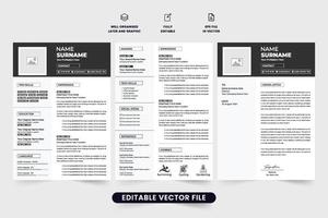 gemakkelijk CV en Hoes brief sjabloon vector met foto tijdelijke aanduidingen. zakelijke hervat en baan toepassing sjabloon vector met donker kleur. kantoor werk CV en hervat lay-out ontwerp voor bedrijf.