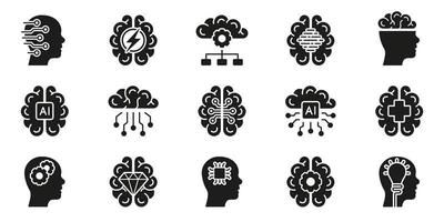 brainstorm, menselijk verstand, spanning, kunstmatig intelligentie- solide symbool verzameling Aan wit achtergrond. menselijk hersenen en ai concept zwart silhouet icoon set. geïsoleerd vector illustratie.