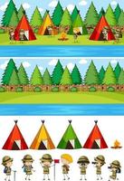 camping scène set met veel kinderen stripfiguur geïsoleerd vector