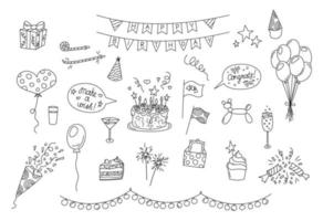 verjaardag partij doodles set. vector zwart en wit hand- getrokken kind verjaardag elementen geïsoleerd. kattebelletje schets voorwerpen taart, partij hoed, kraker, ballonnen. illustratie