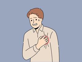 onwel Mens tintje borst lijden van hart aanval. ziek mannetje worstelen met cardiovasculair ziekte of hartspier infarct. gezondheidszorg en cardiologie. vector illustratie.