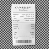realistisch winkel ontvangst, papier betaling Bill vector