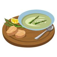 asperges puree soep. mooi portie Aan een bord met plakjes van brood, asperges en citroen. asperges munteenheid. vector illustratie Aan een wit achtergrond