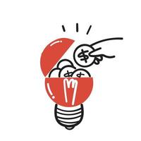 hand- getrokken tekening zetten munt Aan lamp symbool voor investeren idee illustratie vector