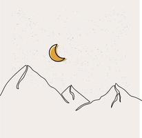 minimalistische berg lijn kunst, landschap schets tekening, zon illustratie, vector maan, natuur