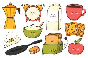 reeks van mooi zo ochtend- elementen in kawaii stijl. vector illustratie. verzameling van voedsel voor ontbijt in tekenfilm stijl.