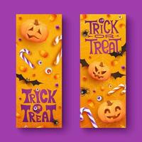 twee halloween horizontaal banners met snoepjes, spinnen, vleermuizen en pompoenen Aan oranje achtergrond. halloween banier sjabloon met realistisch jack O lantaarn pompoenen vector