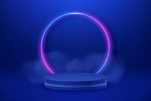 leeg podium met lijn helling neon ring. abstract tafereel met roze en blauw neon gloeiend kader en rook. mockup tafereel vector