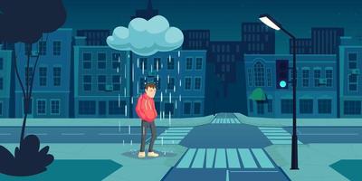 depressief Mens staan onder wolk met vallend regen vector