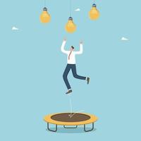 in zoeken van briljant ideeën en oplossingen voor bedrijf ontwikkeling, innovatie, winnen nieuw kennis, een creatief nadering naar bereiken doelen, een Mens springt Aan een trampoline naar bereiken voor een licht lamp. vector