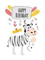 illustratie met zebra, ballon, geschenk, gelukkig verjaardag belettering. gelukkig verjaardag groet kaart met zebra. vector