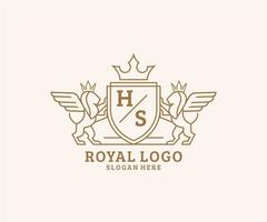 eerste hs brief leeuw Koninklijk luxe heraldisch, wapen logo sjabloon in vector kunst voor restaurant, royalty, boetiek, cafe, hotel, heraldisch, sieraden, mode en andere vector illustratie.