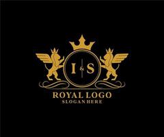 eerste is brief leeuw Koninklijk luxe heraldisch, wapen logo sjabloon in vector kunst voor restaurant, royalty, boetiek, cafe, hotel, heraldisch, sieraden, mode en andere vector illustratie.