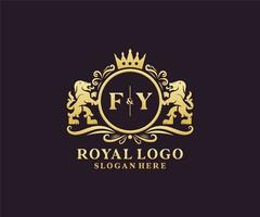 eerste fy brief leeuw Koninklijk luxe logo sjabloon in vector kunst voor restaurant, royalty, boetiek, cafe, hotel, heraldisch, sieraden, mode en andere vector illustratie.