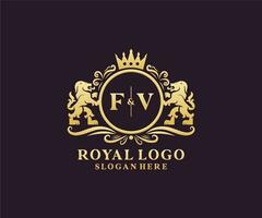 eerste fv brief leeuw Koninklijk luxe logo sjabloon in vector kunst voor restaurant, royalty, boetiek, cafe, hotel, heraldisch, sieraden, mode en andere vector illustratie.