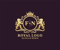 eerste fn brief leeuw Koninklijk luxe logo sjabloon in vector kunst voor restaurant, royalty, boetiek, cafe, hotel, heraldisch, sieraden, mode en andere vector illustratie.