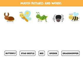 match schattige insecten en hun namen. spel voor kinderen. vector