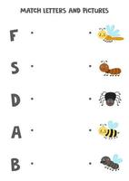 match schattige insecten en letters. educatief logisch spel voor kinderen. woordenschat werkblad. vector