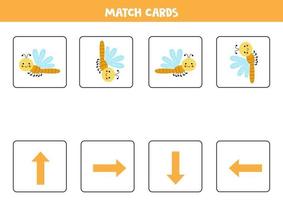 links, rechts, omhoog of omlaag. ruimtelijke oriëntatie met schattige libel. vector