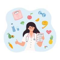 voedingsdeskundige vrouw met gewicht verlies programma en eetpatroon plan. gezond voedsel, vitamines, sport pictogrammen in de omgeving van. gezond levensstijl, fitheid, sport, opleiding, online Cursus, voeding aanbevelingen. vector