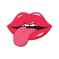 lippen met tong in knal kunst stijl. vrouw half open mond met plakken uit tong. vector