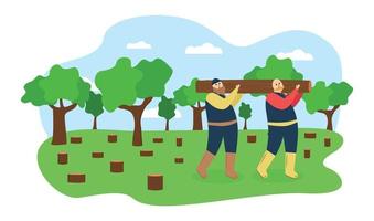 ecologie illustratie. illustratie van kappen bomen. twee mannen dragen een gekapt boom vector