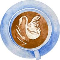 waterverf kop van koffie met latte kunst in een blauw kop top visie vector