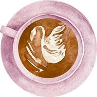 waterverf kop van koffie met latte kunst in een roze kop top visie vector