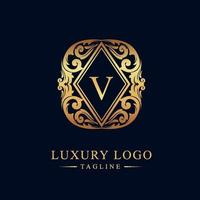 brief v alfabet logo met luxe decoratief gouden kader. elegant krullen bloemen ornament. vector